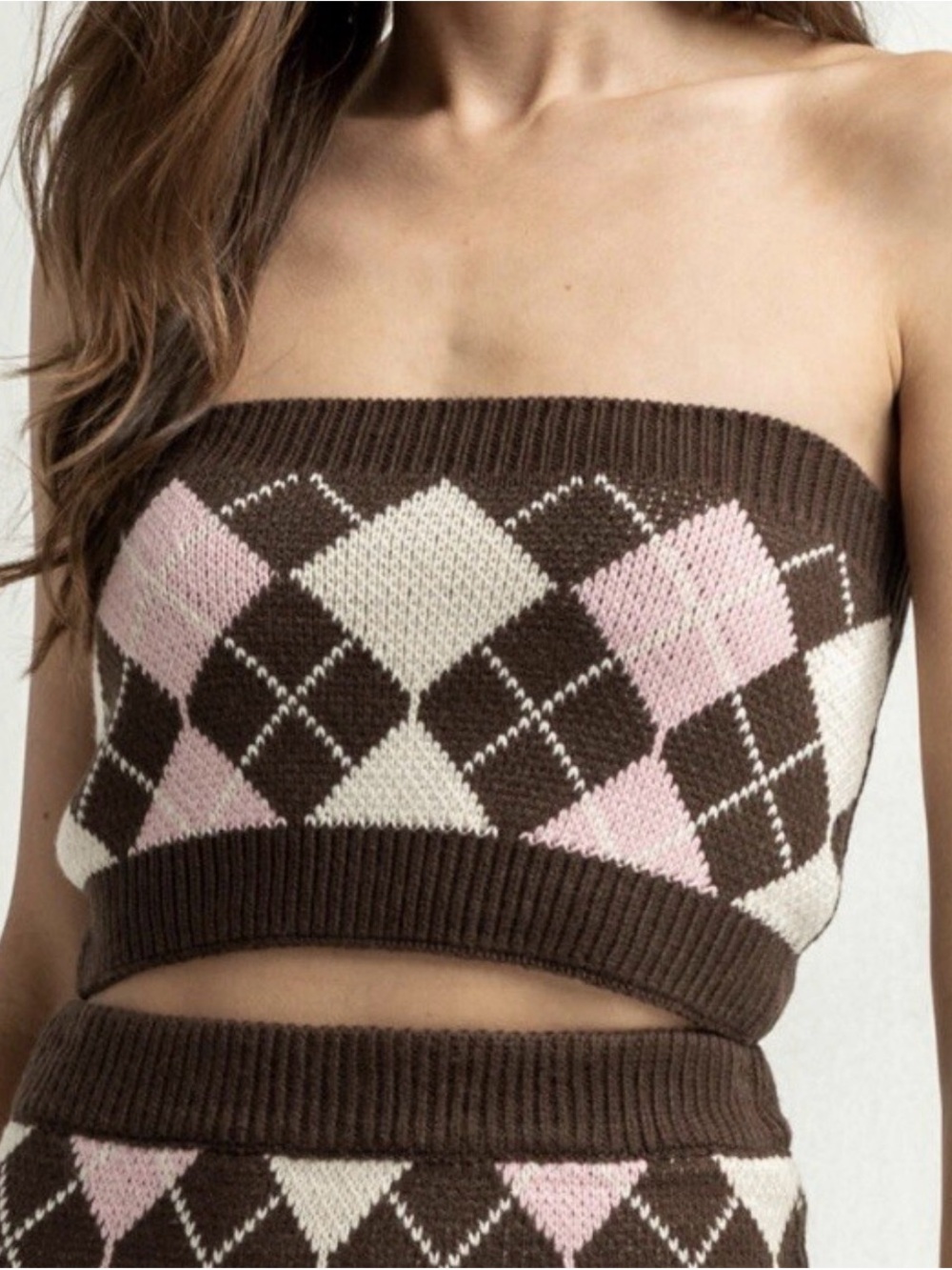 Tilly's Brown Argyle Strapless Knit Tube Top with Pink & Cream Diamonds
